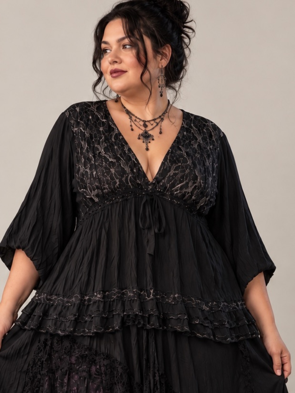 AVENUE Black Metallic Lace Whimsigoth Fairy Babydoll Crinkle Blouse Size 26/28